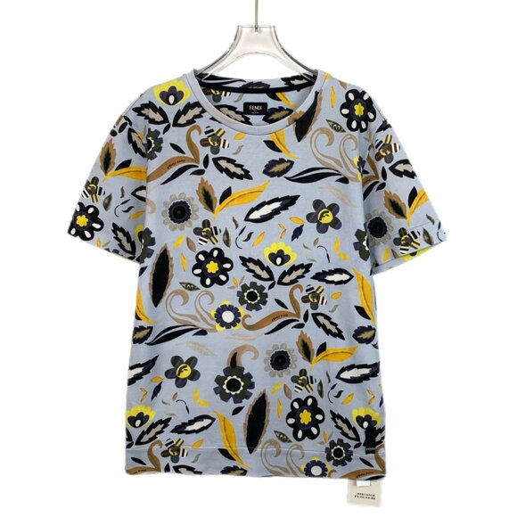 Fendi Blue Floral All-Over Print Cotton Crew Neck Short Sleeve T-Shirt